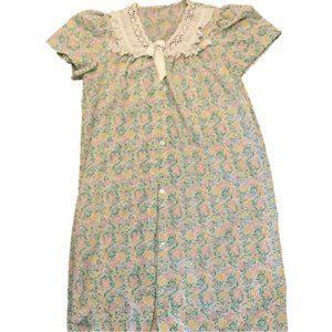 Vintage Cottagecore Floral Print Bed Jacket Coat W Lace Doily & Bow Neck M - L